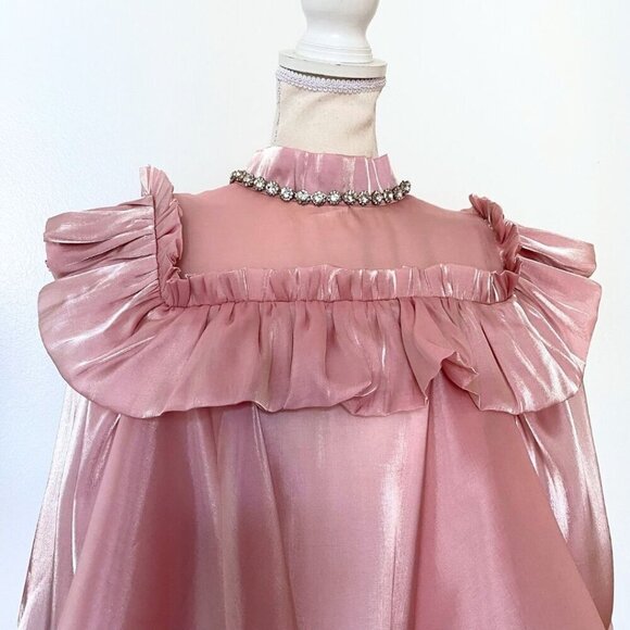 SISTER JANE OLD PINK RUFFLE RHINESTONE ORGANZA LOOSE FIT BLOUSE - XS - Picture 6 of 14